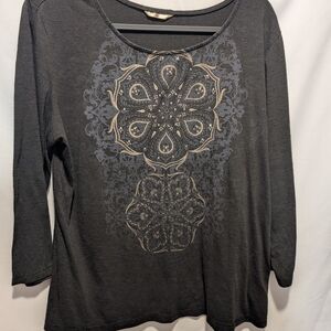 White Stag Black and Gray With Rhinestones And Gold Designs Long Sleeve Top